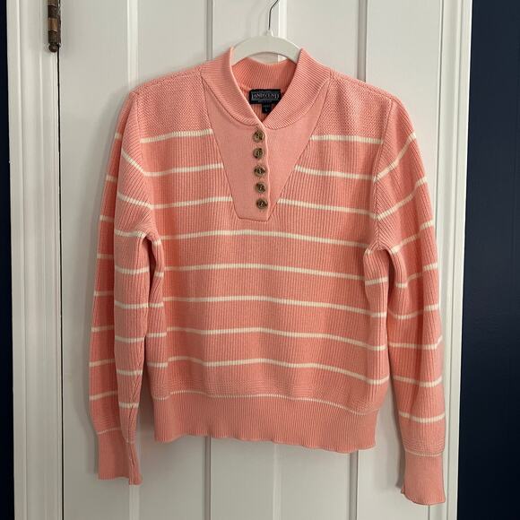 Lands' End Henley Striped Sweater Peach Pink Women Sz L 80s 90s Vintage - Picture 3 of 8
